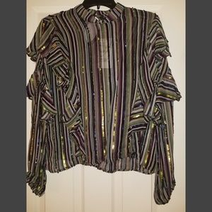 New Zara Striped Sheer Blouse w/ Sequin Detail